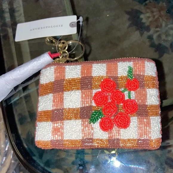 NWT Anthropologie beaded coin purse cherries on plaid. Sold out. - Picture 3 of 4